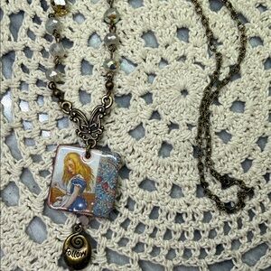 Vintage-Inspired enameled Alice in wonderland pendant & glass beaded Necklace